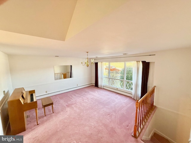 living area with a notable chandelier, carpet flooring, a baseboard heating unit, and vaulted ceiling