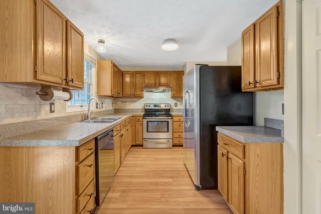 kitchen featuring light wood finished floors, a sink, decorative backsplash, stainless steel appliances, and under cabinet range hood