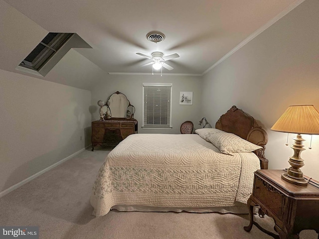 bedroom featuring baseboards, visible vents, lofted ceiling, crown molding, and carpet flooring