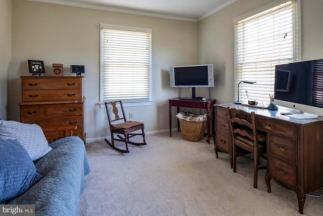 office area with a wealth of natural light, light colored carpet, crown molding, and baseboards