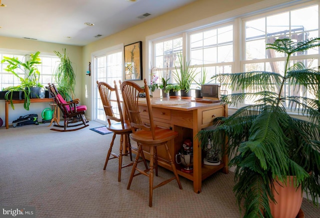 carpeted dining area with visible vents