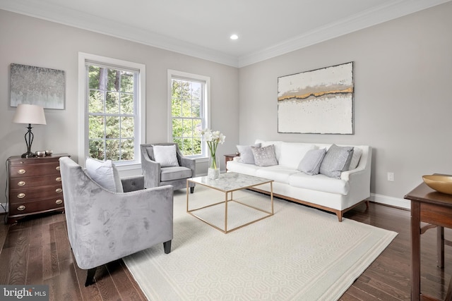 7911 Fort Hunt Rd, Alexandria, VA 22308 - living room featuring recessed lighting, crown molding, dark wood-type flooring, and baseboards