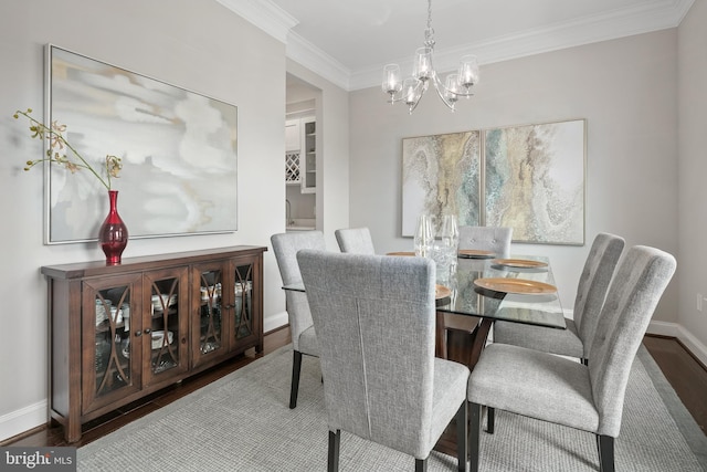 7911 Fort Hunt Rd, Alexandria, VA 22308 - dining space with a chandelier, crown molding, wood finished floors, and baseboards
