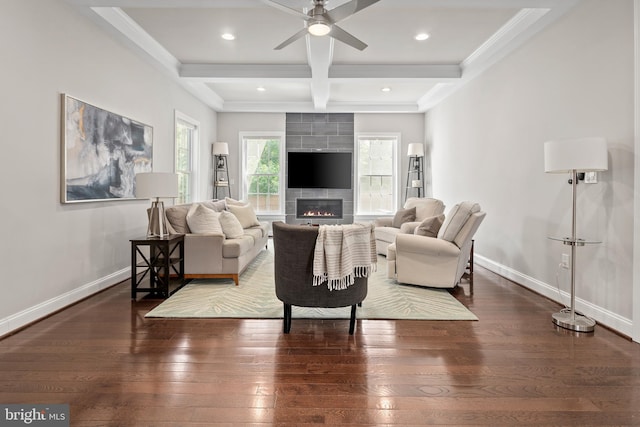 7911 Fort Hunt Rd, Alexandria, VA 22308 - living room with a tiled fireplace, coffered ceiling, beam ceiling, hardwood / wood-style flooring, and ceiling fan