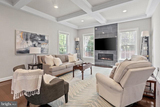 7911 Fort Hunt Rd, Alexandria, VA 22308 - living area featuring hardwood / wood-style floors, beam ceiling, coffered ceiling, healthy amount of natural light, and a tile fireplace