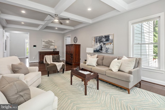 7911 Fort Hunt Rd, Alexandria, VA 22308 - living room featuring dark wood-style flooring, plenty of natural light, beam ceiling, coffered ceiling, and recessed lighting