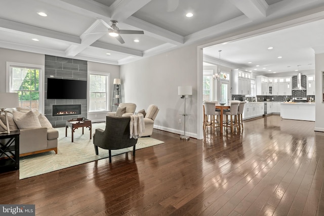 7911 Fort Hunt Rd, Alexandria, VA 22308 - living area featuring dark wood finished floors, a fireplace, ceiling fan, beamed ceiling, and baseboards