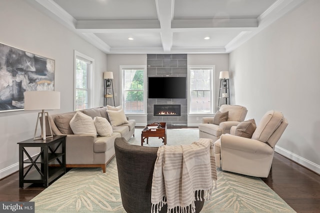 7911 Fort Hunt Rd, Alexandria, VA 22308 - living area with wood finished floors, beamed ceiling, coffered ceiling, a fireplace, and baseboards