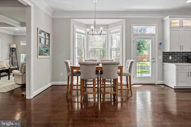 7911 Fort Hunt Rd, Alexandria, VA 22308 - dining room with dark wood-type flooring, a chandelier, baseboards, crown molding, and recessed lighting