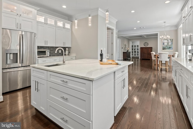 7911 Fort Hunt Rd, Alexandria, VA 22308 - kitchen featuring stainless steel fridge, a sink, dark wood-style flooring, tasteful backsplash, and hanging light fixtures