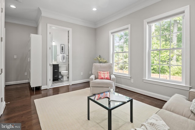 7911 Fort Hunt Rd, Alexandria, VA 22308 - living area featuring dark wood-style flooring, baseboards, recessed lighting, and crown molding