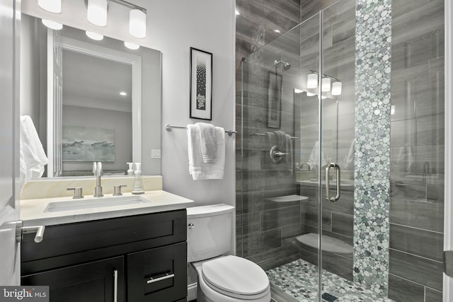 7911 Fort Hunt Rd, Alexandria, VA 22308 - bathroom with toilet, vanity, ornamental molding, and a shower stall