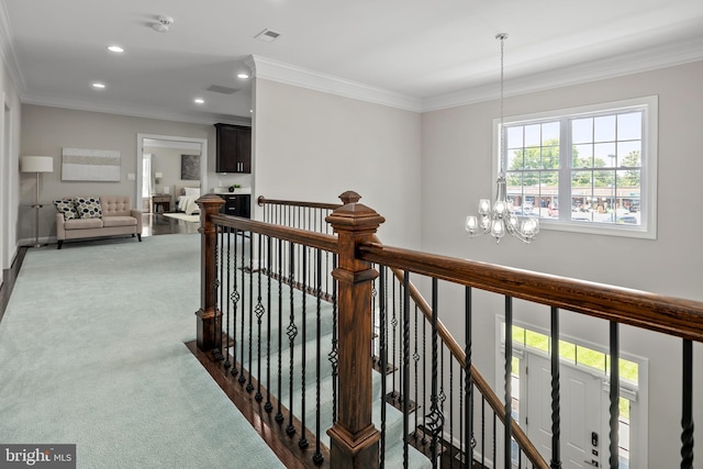7911 Fort Hunt Rd, Alexandria, VA 22308 - hallway featuring an upstairs landing, a chandelier, carpet flooring, recessed lighting, and crown molding