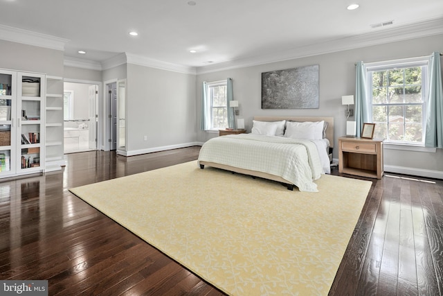 7911 Fort Hunt Rd, Alexandria, VA 22308 - bedroom with dark wood-style floors, multiple windows, recessed lighting, crown molding, and baseboards