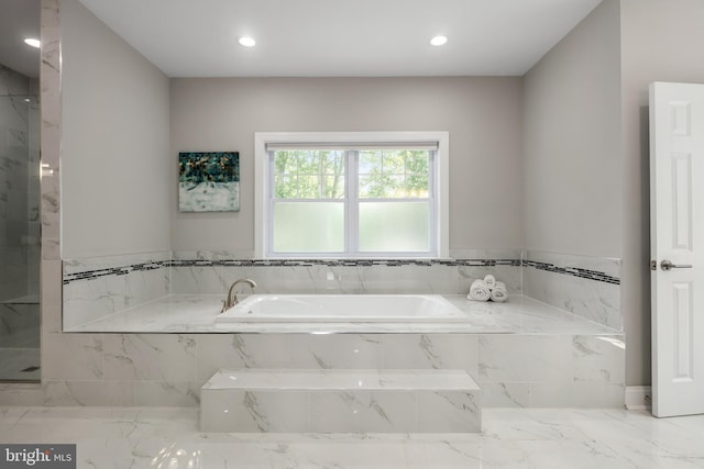7911 Fort Hunt Rd, Alexandria, VA 22308 - full bath featuring a bath, recessed lighting, marble tiled floors, and a marble finish shower