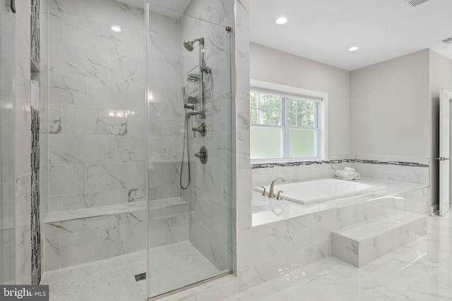 7911 Fort Hunt Rd, Alexandria, VA 22308 - bathroom featuring a garden tub, a marble finish shower, and recessed lighting