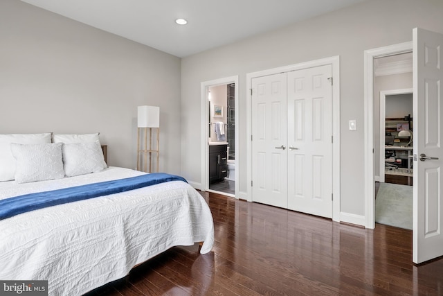 7911 Fort Hunt Rd, Alexandria, VA 22308 - bedroom with recessed lighting, wood finished floors, baseboards, a closet, and ensuite bath