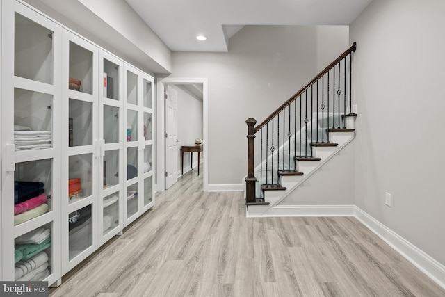7911 Fort Hunt Rd, Alexandria, VA 22308 - entryway with wood finished floors, baseboards, stairway, and recessed lighting