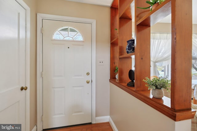 foyer entrance featuring baseboards and wood finished floors