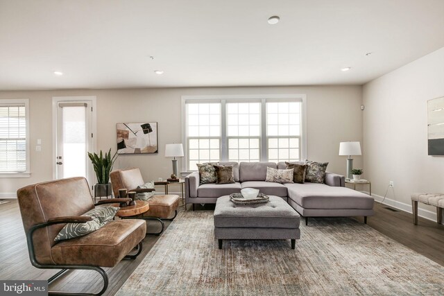 living area with baseboards, wood finished floors, and a healthy amount of sunlight