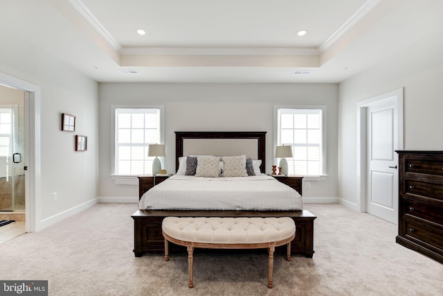 bedroom featuring a raised ceiling, light carpet, and multiple windows