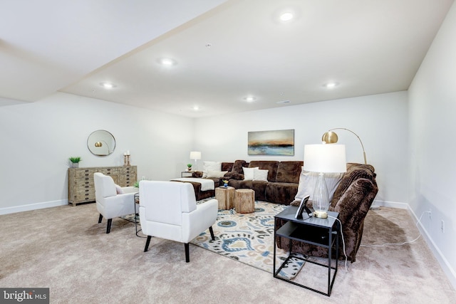 living room featuring carpet floors, recessed lighting, and baseboards