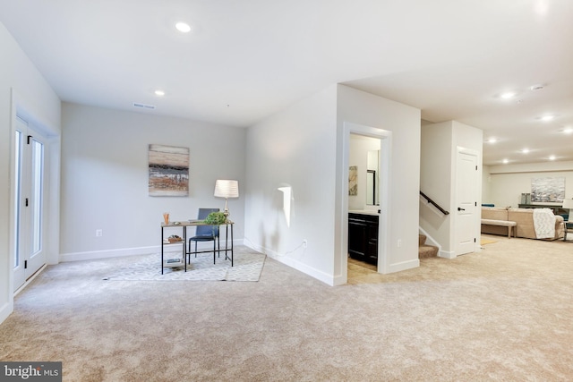 dining area featuring recessed lighting, light colored carpet, visible vents, stairway, and baseboards