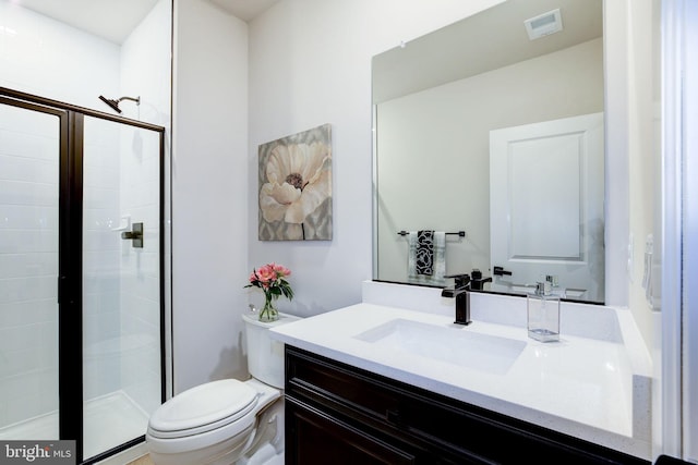 full bathroom with toilet, a shower stall, visible vents, and vanity