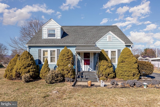 cape cod-style house featuring roof with shingles and a front lawn