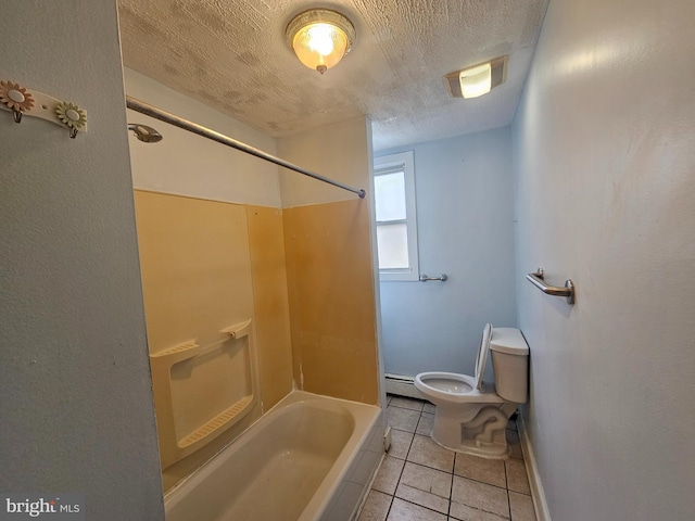 full bathroom with a textured ceiling, toilet, visible vents, bathing tub / shower combination, and tile patterned floors