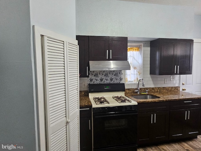 kitchen featuring decorative backsplash, range with gas cooktop, wood finished floors, under cabinet range hood, and a sink