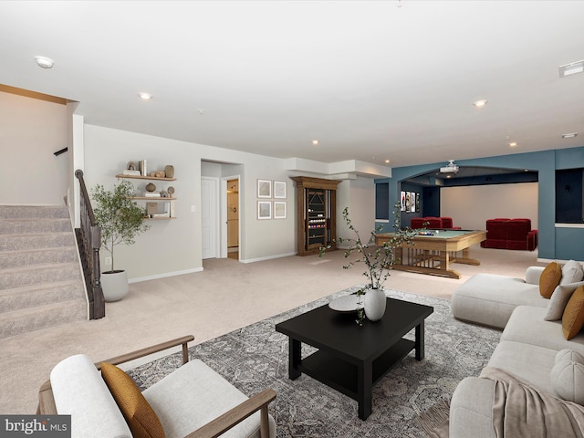 living room featuring recessed lighting, stairs, carpet, and billiards