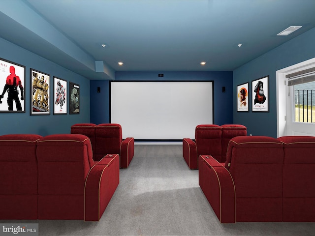 carpeted home theater room with visible vents and recessed lighting