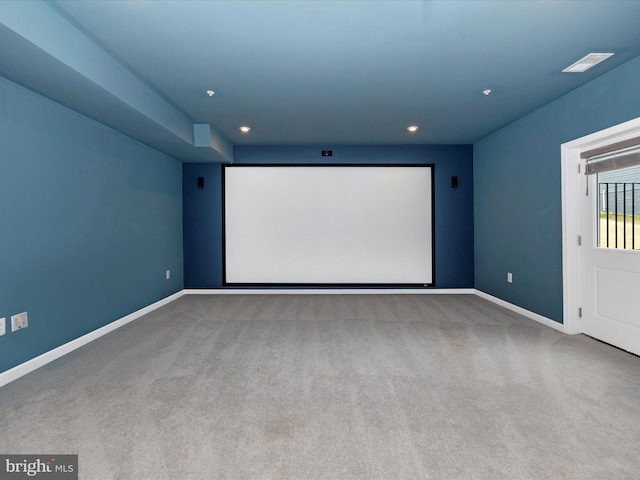 cinema room with recessed lighting, baseboards, and carpet