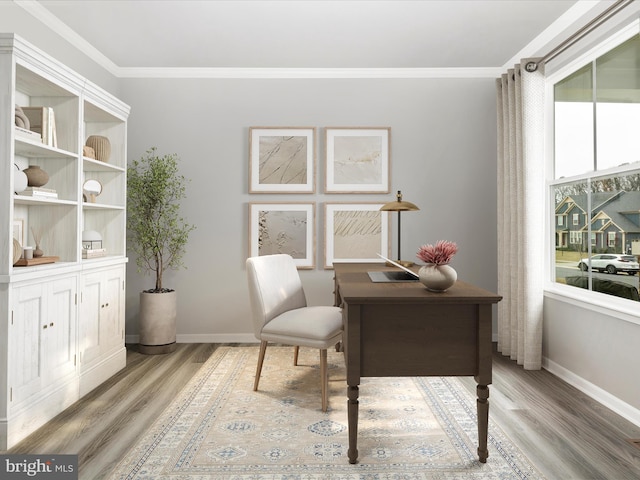 office featuring baseboards, wood finished floors, and ornamental molding