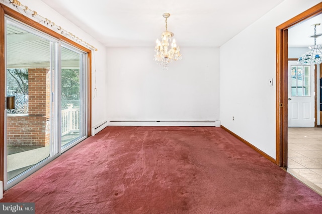 empty room with baseboard heating, an inviting chandelier, baseboards, and carpet