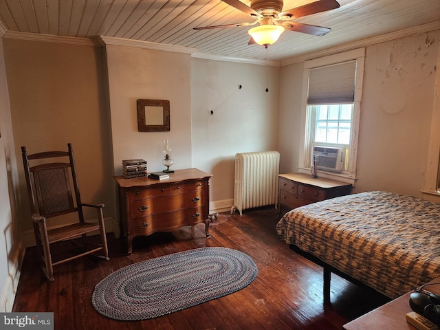 bedroom featuring wooden ceiling, cooling unit, ornamental molding, dark wood-style floors, and radiator heating unit