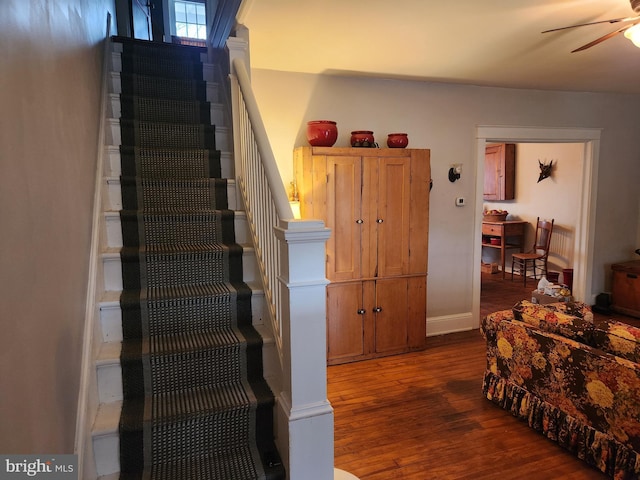 stairway featuring ceiling fan, baseboards, and wood finished floors