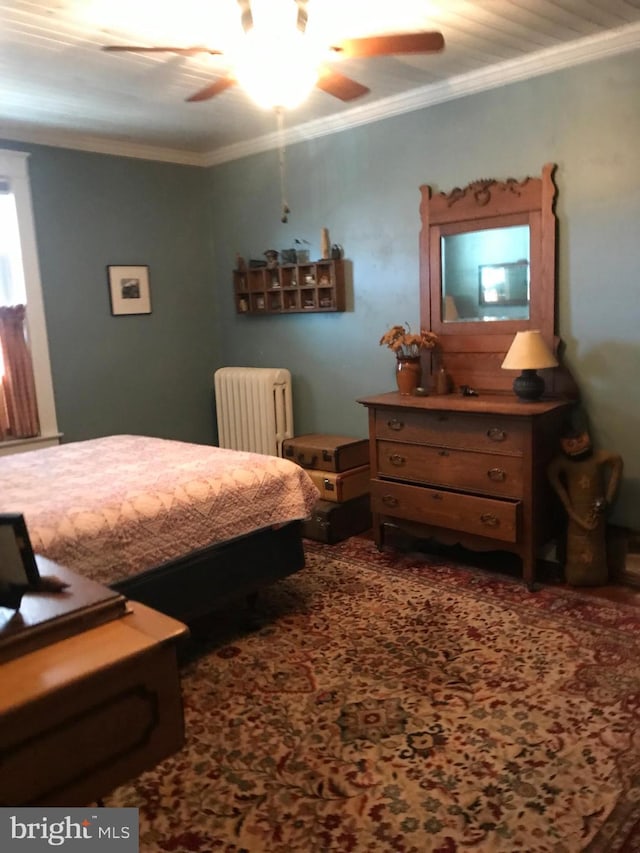 bedroom with dark colored carpet, radiator, crown molding, and ceiling fan