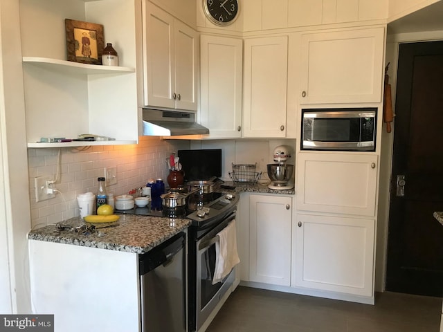 kitchen featuring open shelves, decorative backsplash, appliances with stainless steel finishes, stone countertops, and under cabinet range hood