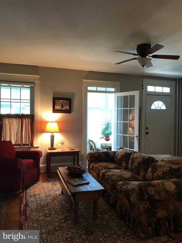 living area featuring ceiling fan and wood finished floors