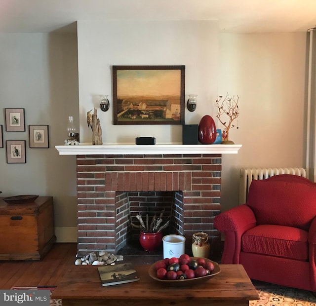 living room with radiator heating unit, a fireplace, and wood finished floors