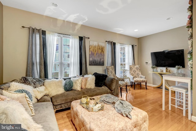 living area featuring a healthy amount of sunlight, light wood-type flooring, and baseboards