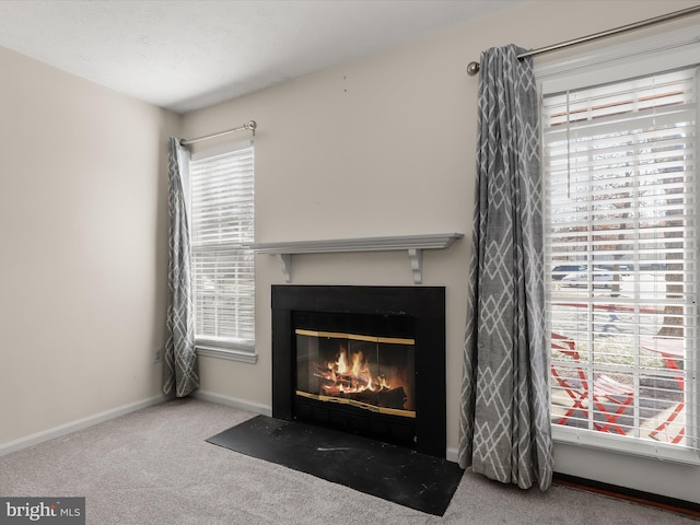 room details with carpet flooring, baseboards, and a fireplace with flush hearth