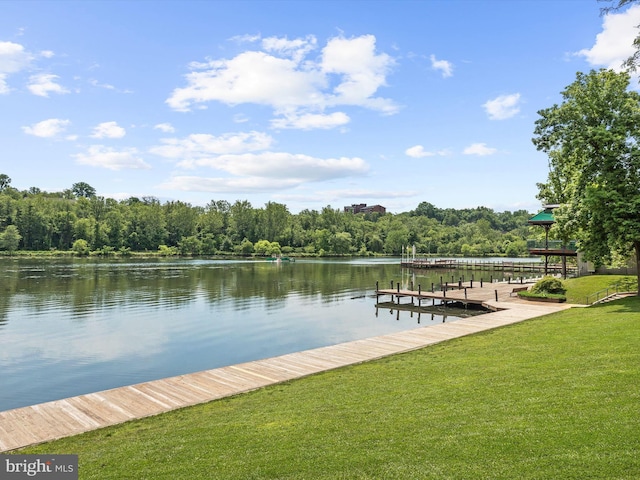 view of dock with a view of trees, a yard, and a water view