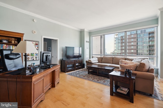 living room featuring light wood-type flooring and crown molding