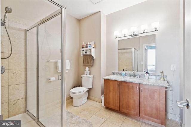 full bathroom featuring toilet, a stall shower, vanity, baseboards, and tile patterned floors