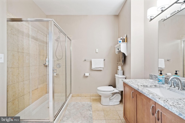 bathroom featuring vanity, a stall shower, tile patterned flooring, and toilet