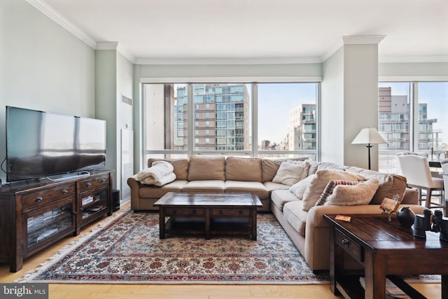 living room featuring a city view, crown molding, and wood finished floors