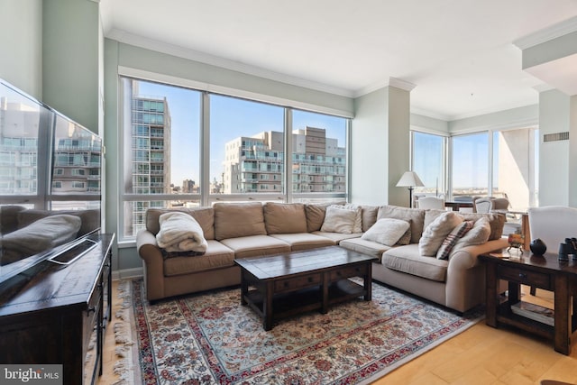 living area with a view of city, visible vents, crown molding, and light wood finished floors